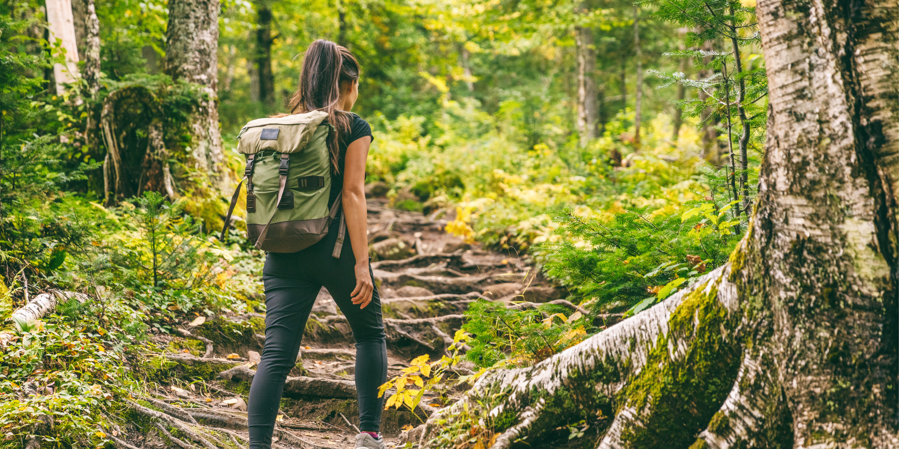 Woman hiking through the trees