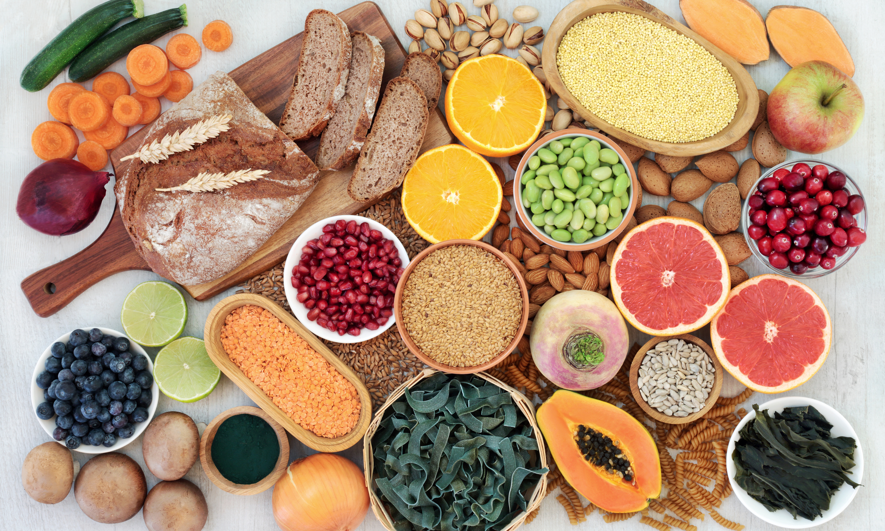 Platter of various grains, fruit and vegetable