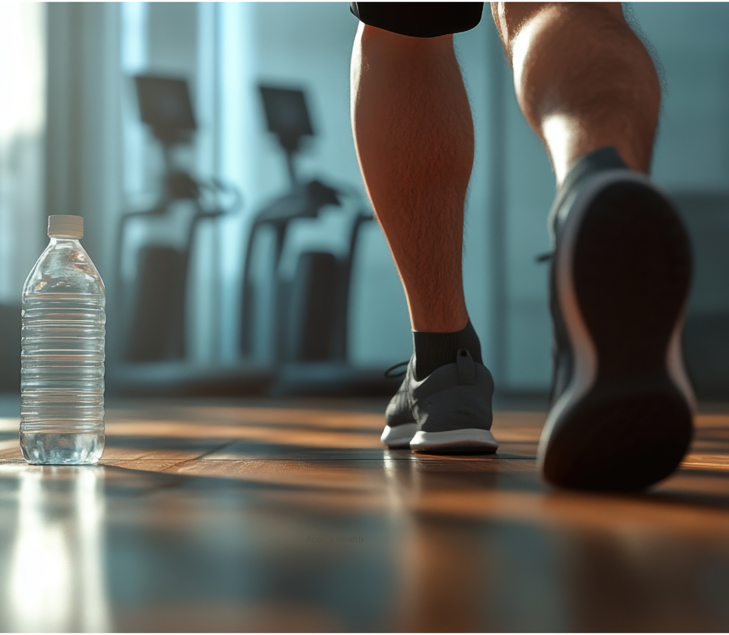 Person walking in gym with water bottle