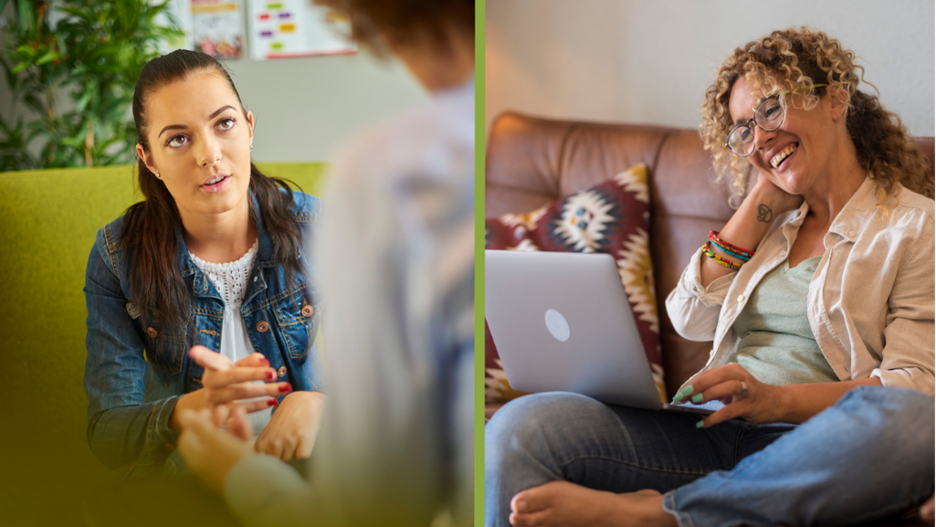 Split screen: in person counselling on the left, woman at her laptop on the right.