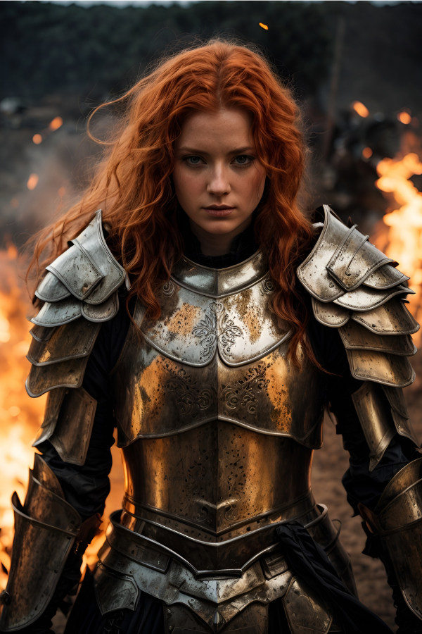 Young woman with bright red hair in plate armour surrounded by fire looking powerful