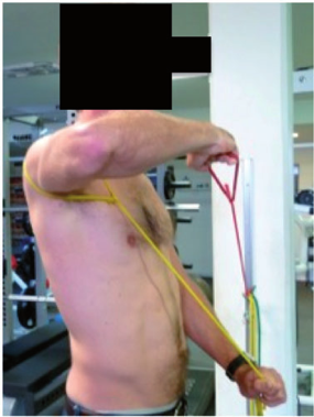 Man using a resistance band to strengthen the shoulder joint